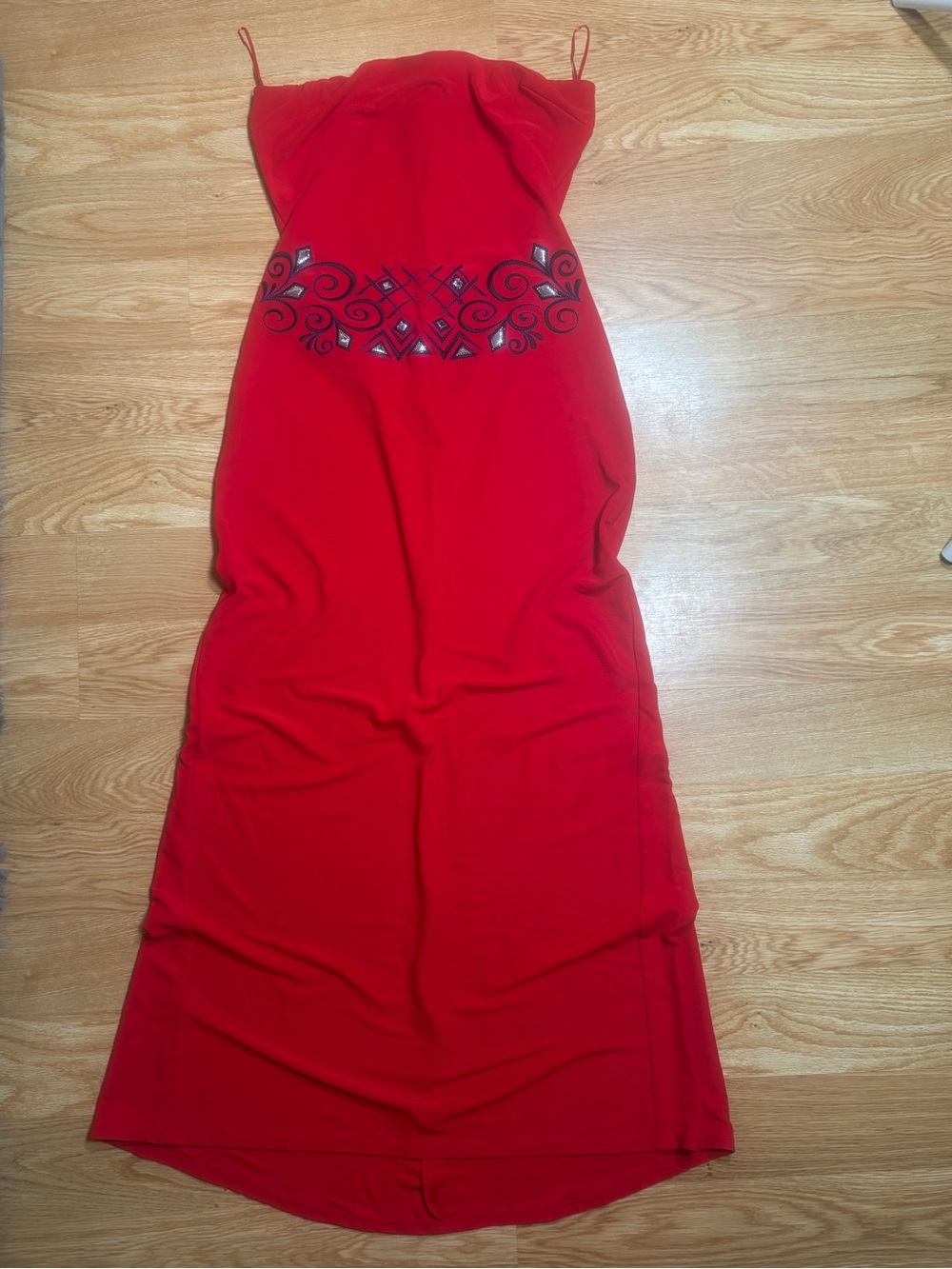 Gunne Sax Red Strapless Dress with Embellished Waist